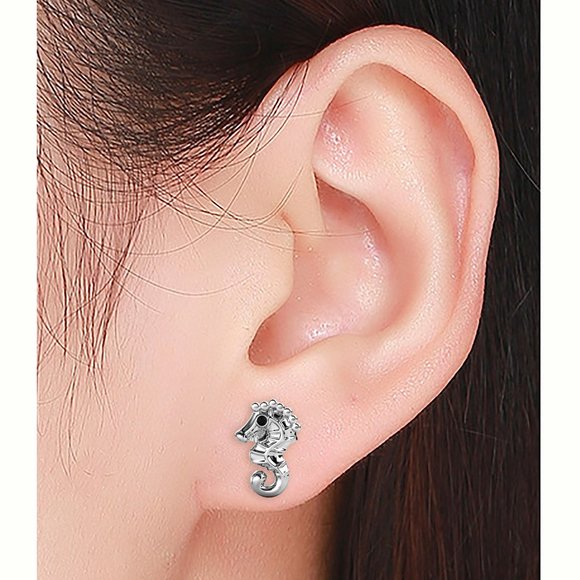 Silver‎ Seahorse Stud Earrings - Picture 2 of 5